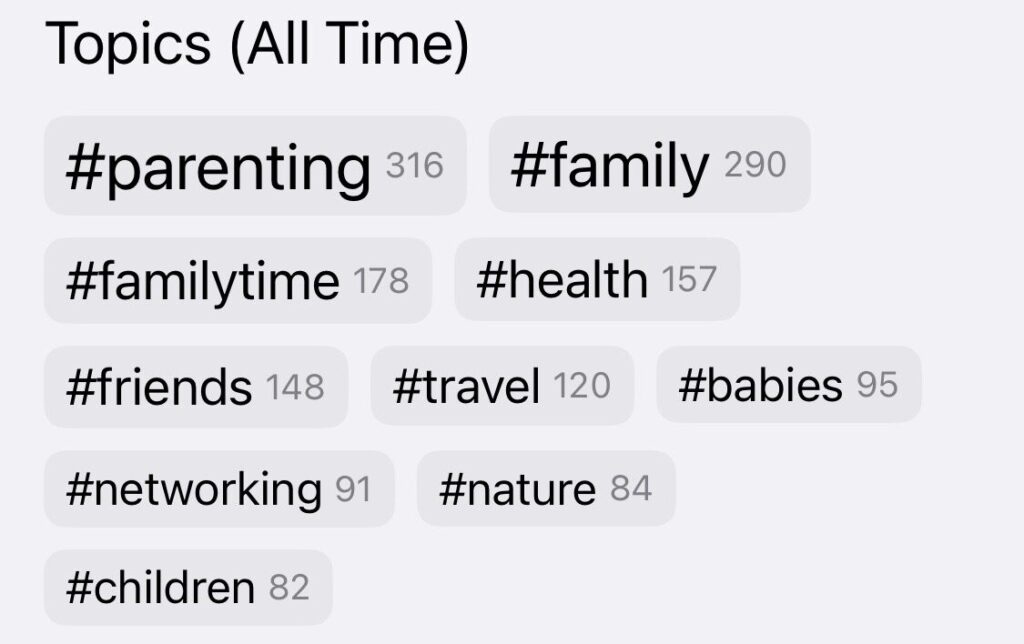 Hashtags of my journal writing. #parenting, #family, #health, #friends on the top.